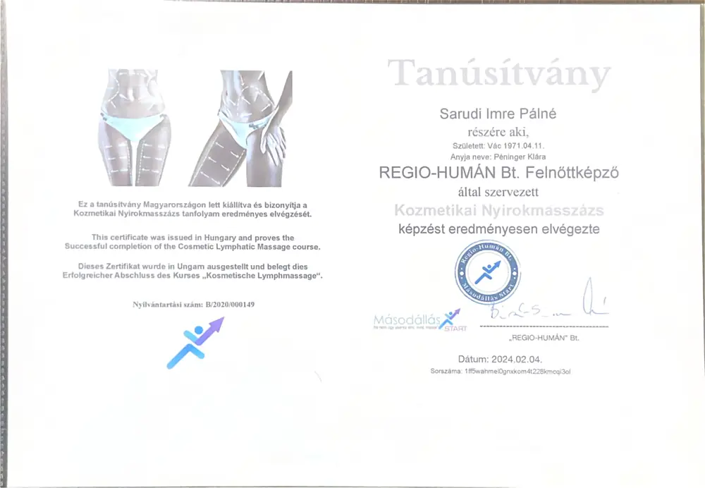 Kozmetikai nyirokmasszázs tanúsítvány