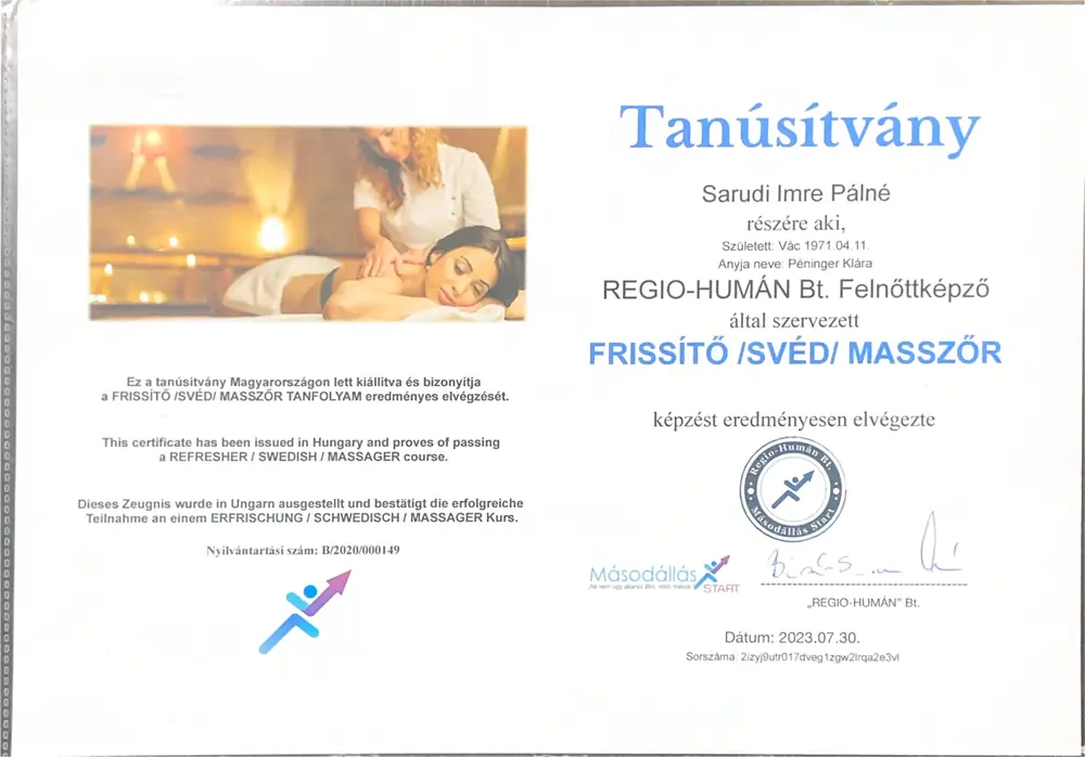 Frissítő svéd masszőr tanúsítvány