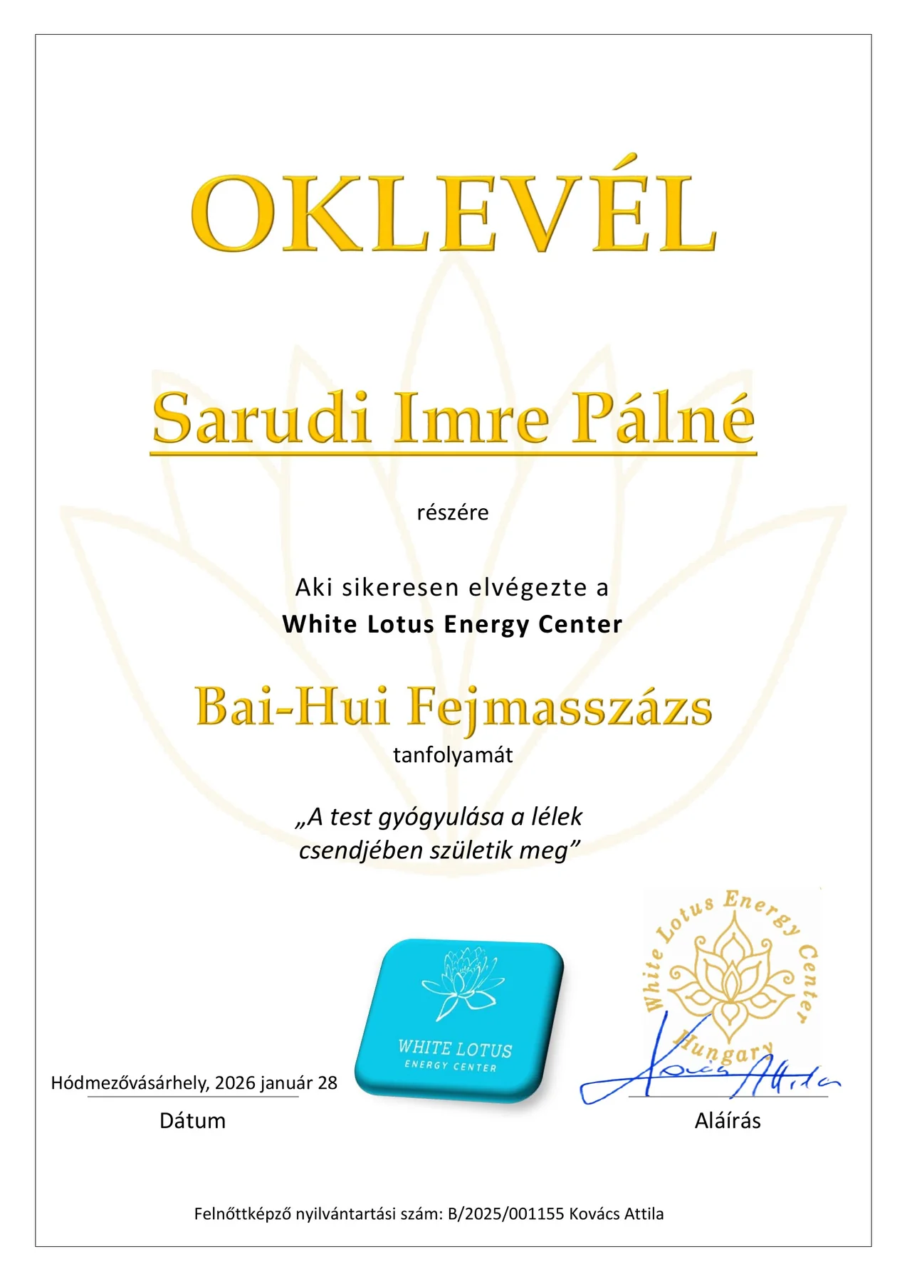 Bai-Hui fejmasszázs oklevél