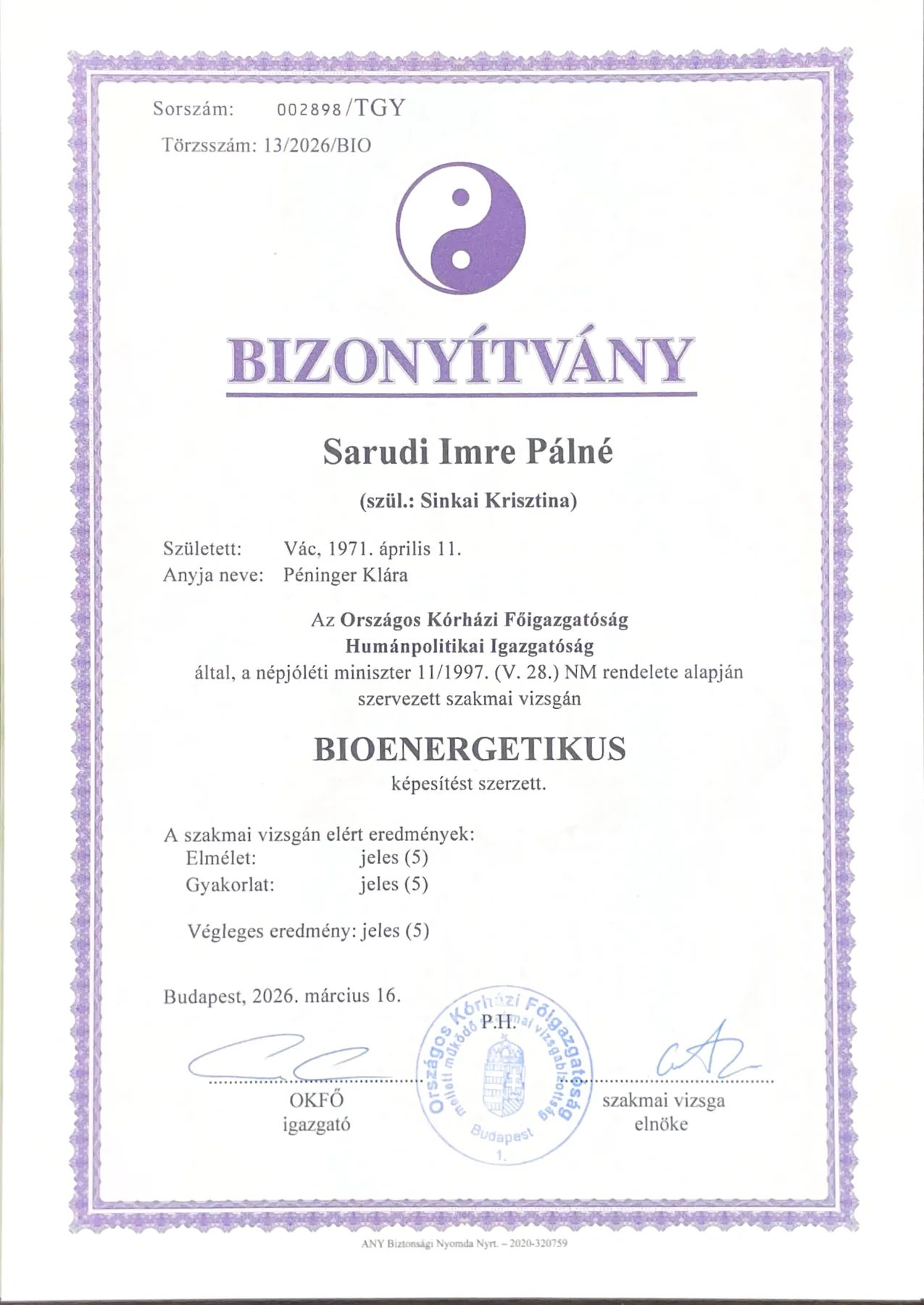 OKFŐ Bioenergetikus bizonyítvány