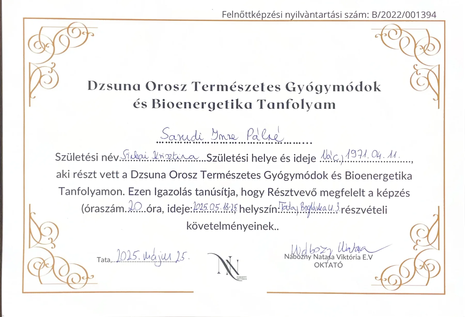 Dzsuna bioenergetika oklevél