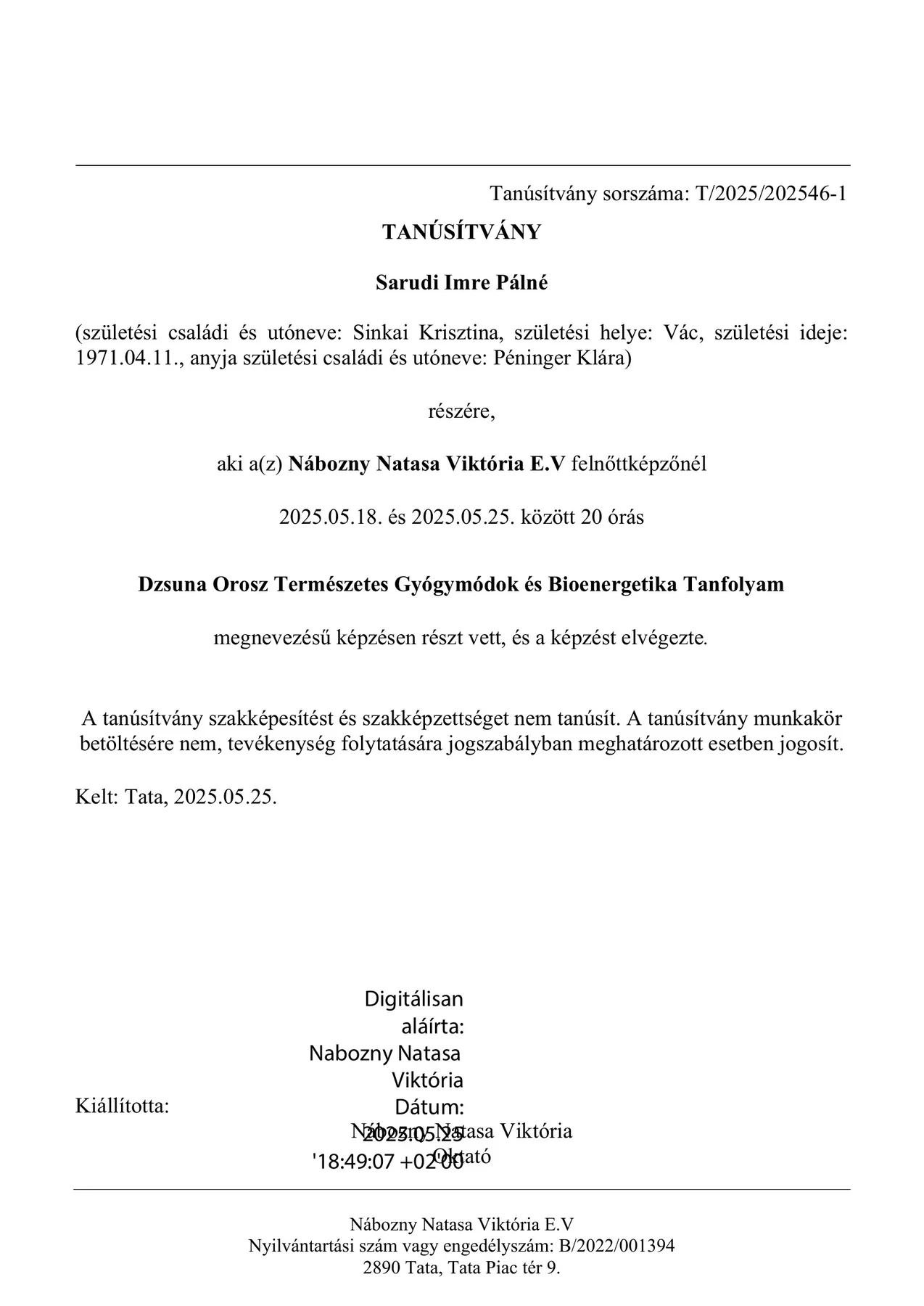 Dzsuna bioenergetika hivatalos tanúsítvány