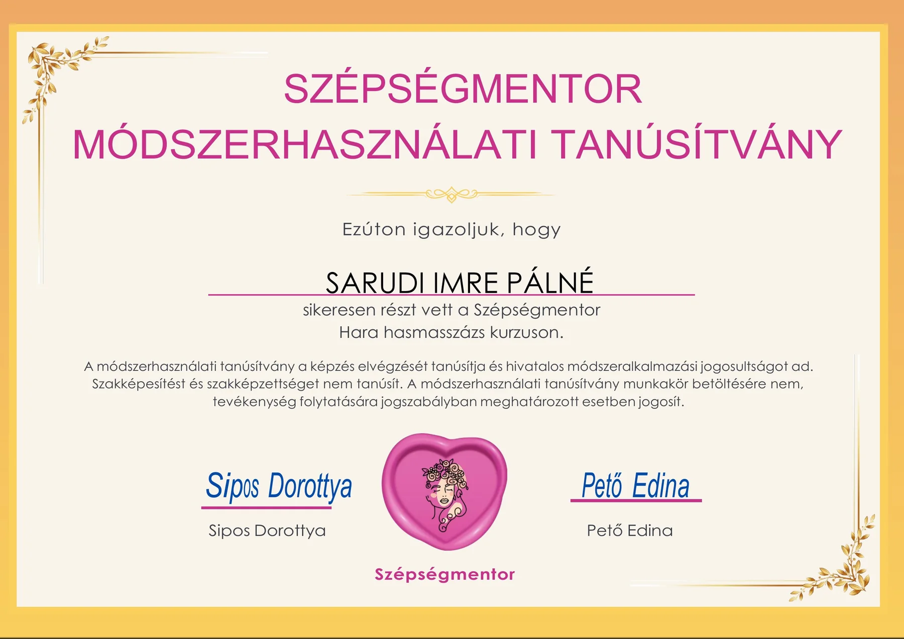 Hara hasmasszázs módszerhasználati tanúsítvány