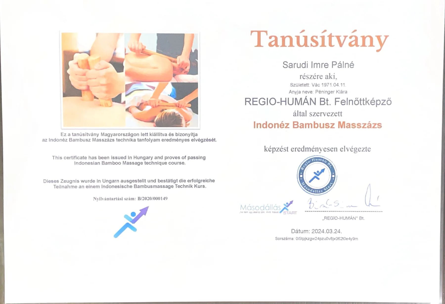 Indonéz bambusz masszázs tanúsítvány