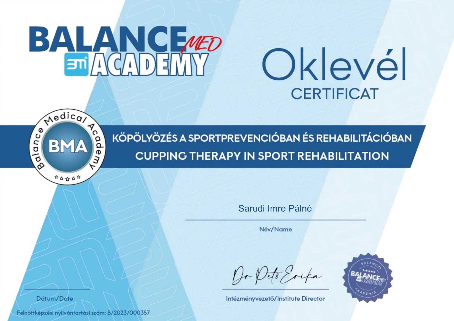 Köpölyözés sportprevencióban és rehabilitációban oklevél