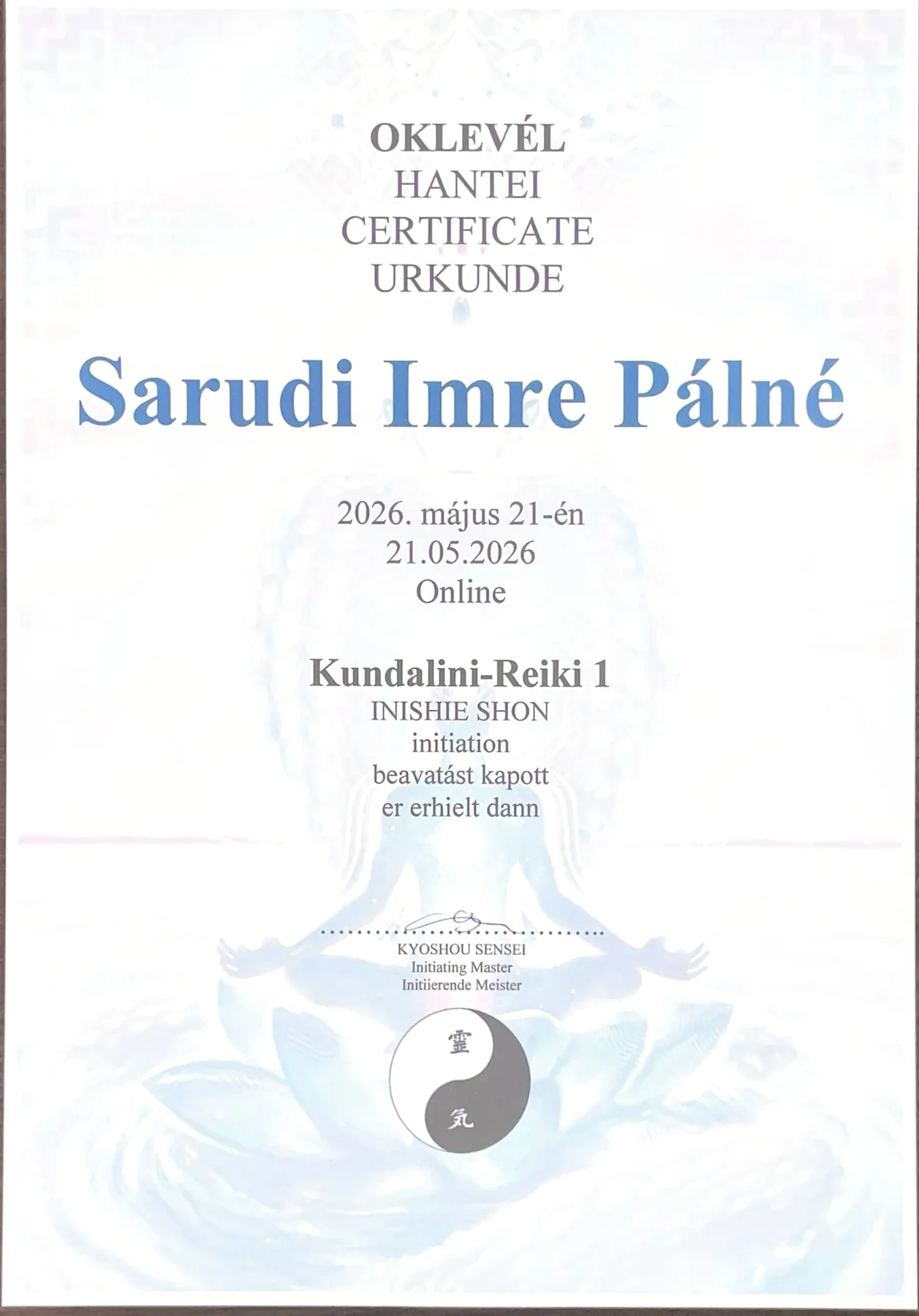Kundalini Reiki első fokozat oklevél