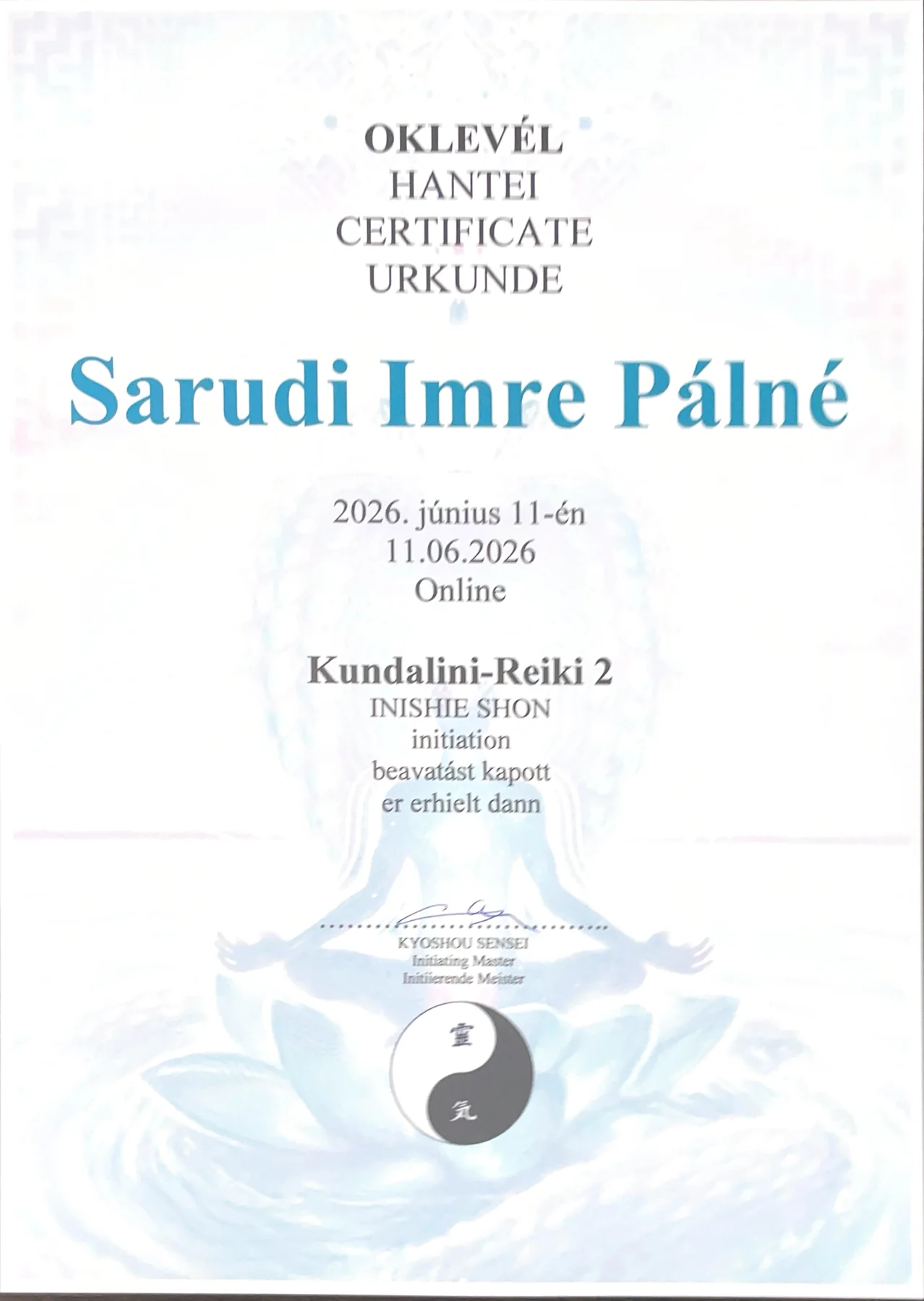 Kundalini Reiki második fokozat oklevél