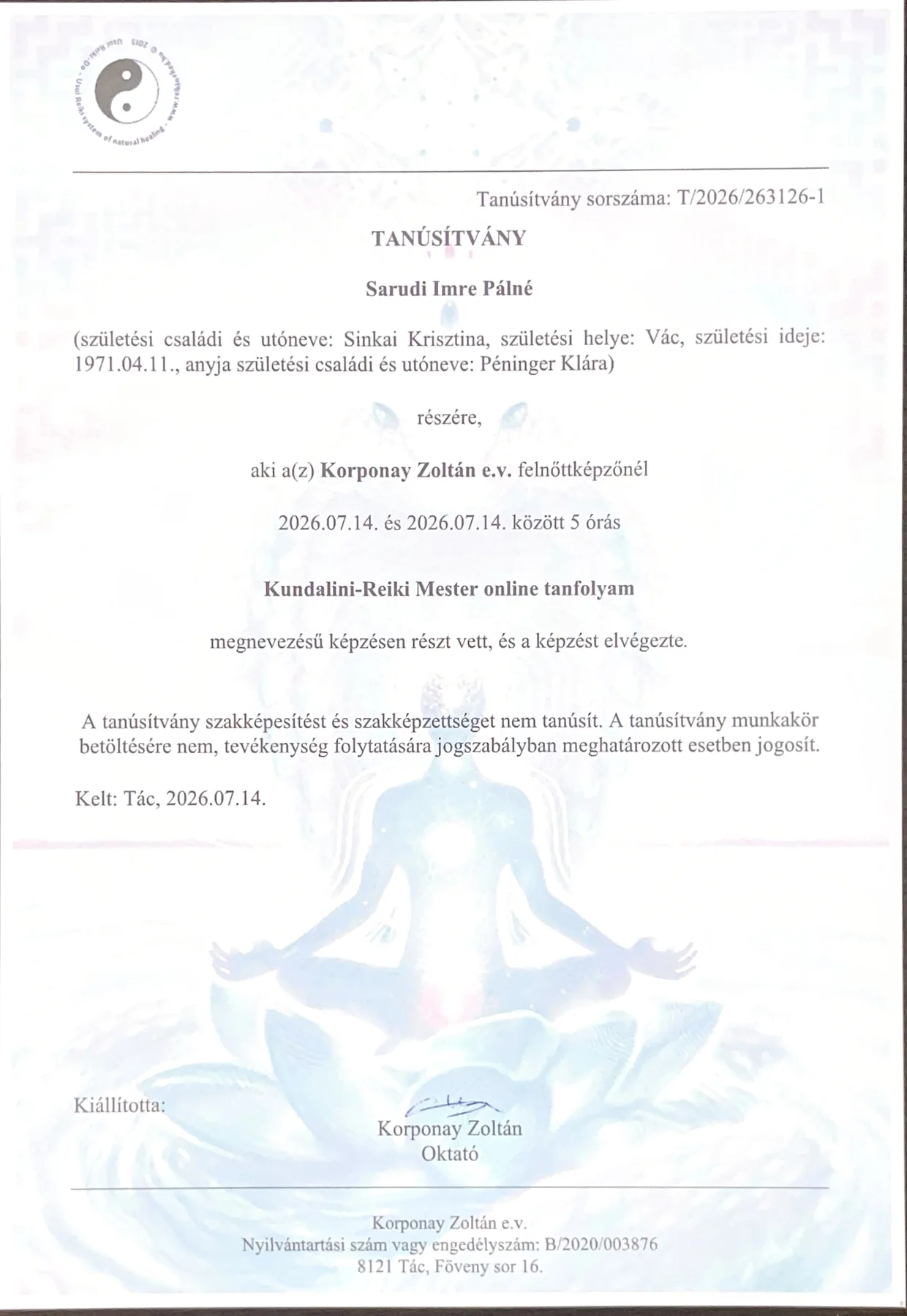 Kundalini Reiki Mester tanúsítvány
