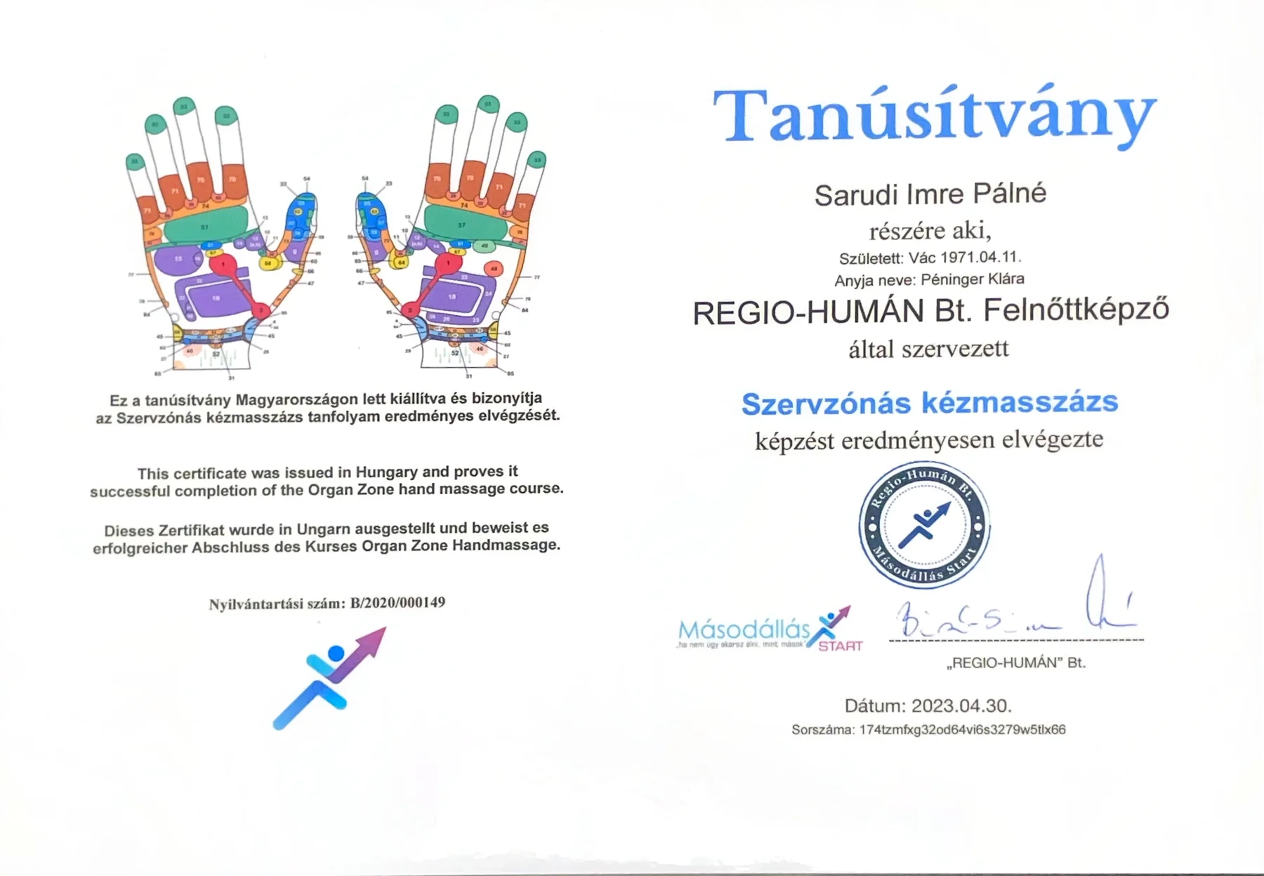 Szervzónás kézmasszázs tanúsítvány